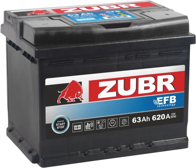 Автомобильный аккумулятор ZUBR EFB 63 Ач R+ EN620A (242x175x190) (ZE630) 